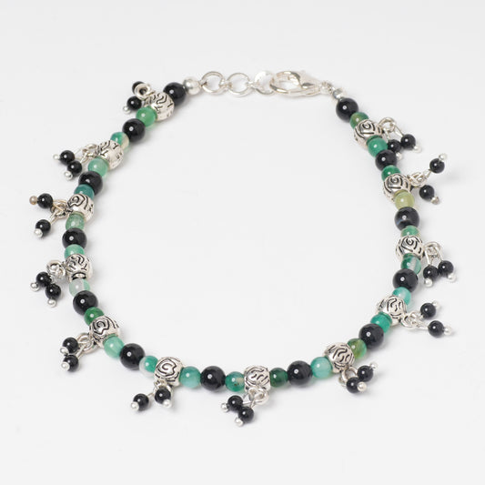 EYKAA GREEN JADE WITH BLACK ONIX AND MULTIPLE GERMAN SILVER SPACER BEADS ANKLET