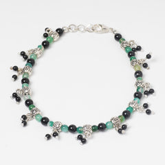 EYKAA GREEN JADE WITH BLACK ONIX AND MULTIPLE GERMAN SILVER SPACER BEADS ANKLET