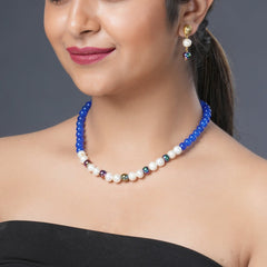 Girl Model Wearing Eykaa Blue Onyx, Rainbow Hematite, And Freshwater Pearl Necklace With Earrings.