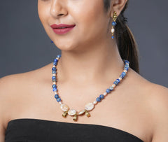 Girl Model Wearing Eykaa Lapis Lazuli, Freshwater Pearl, And Jade Necklace With Earrings.