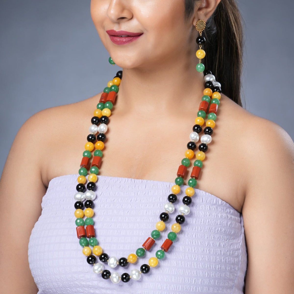 Girl Model Wearing Eykaa Black Onyx, Red Jasper, Green Jade, Yellow Jade Korean Pearl Ball Necklace With Earrings.