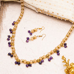 EYKAA YELLOW CALCEDONIA PURPLE JADE AND GOLDEN HEMATITE NECKLACE WITH EARRINGS