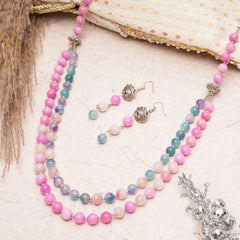 EYKAA PINK AND MULTICOLOR JADE LAYERED NECKLACE WITH EARRINGS