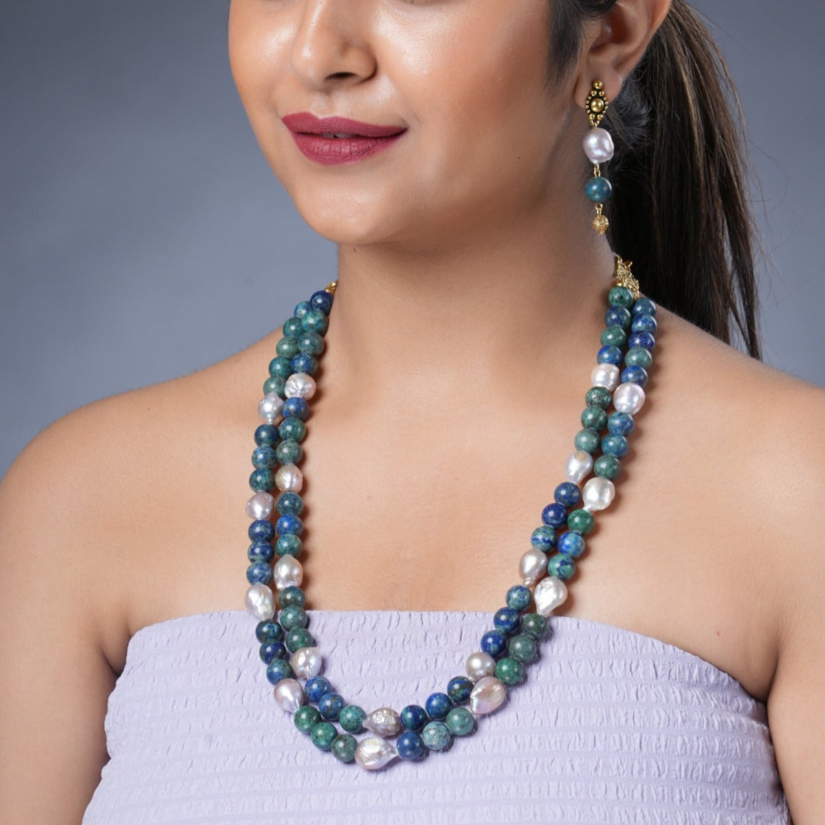 Girl Model Wearing Eykaa Azurite With Freshwater Pearl  Necklace With Earrings.