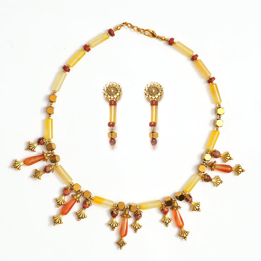 EYKAA RED JASPER, GOLDEN HEMATITE AND YELLOW AGATE NECKLACE WITH EARRINGS