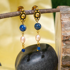  Eykaa Lapis Lazuli, Freshwater Pearl, And Jade Earrings Hanging On The Tree Branch.