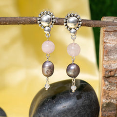 Eykaa Rose Quartz, Jade, And Freshwater Pearl Earrings Hanging On The Tree Branch.