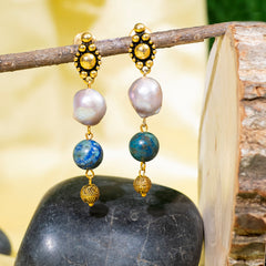 Eykaa Azurite With Freshwater Pearl Earrings Hanging On The Tree Branch.