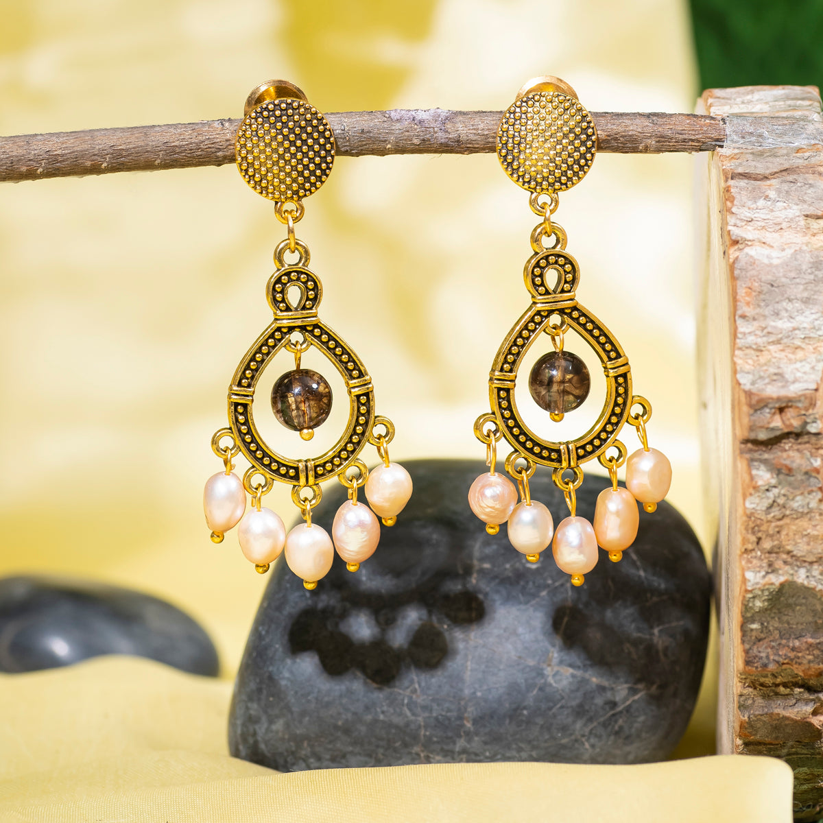 Eykaa Smokey Quartz And Fresh Water Pearl  Earrings Hanging On The Tree Branch.