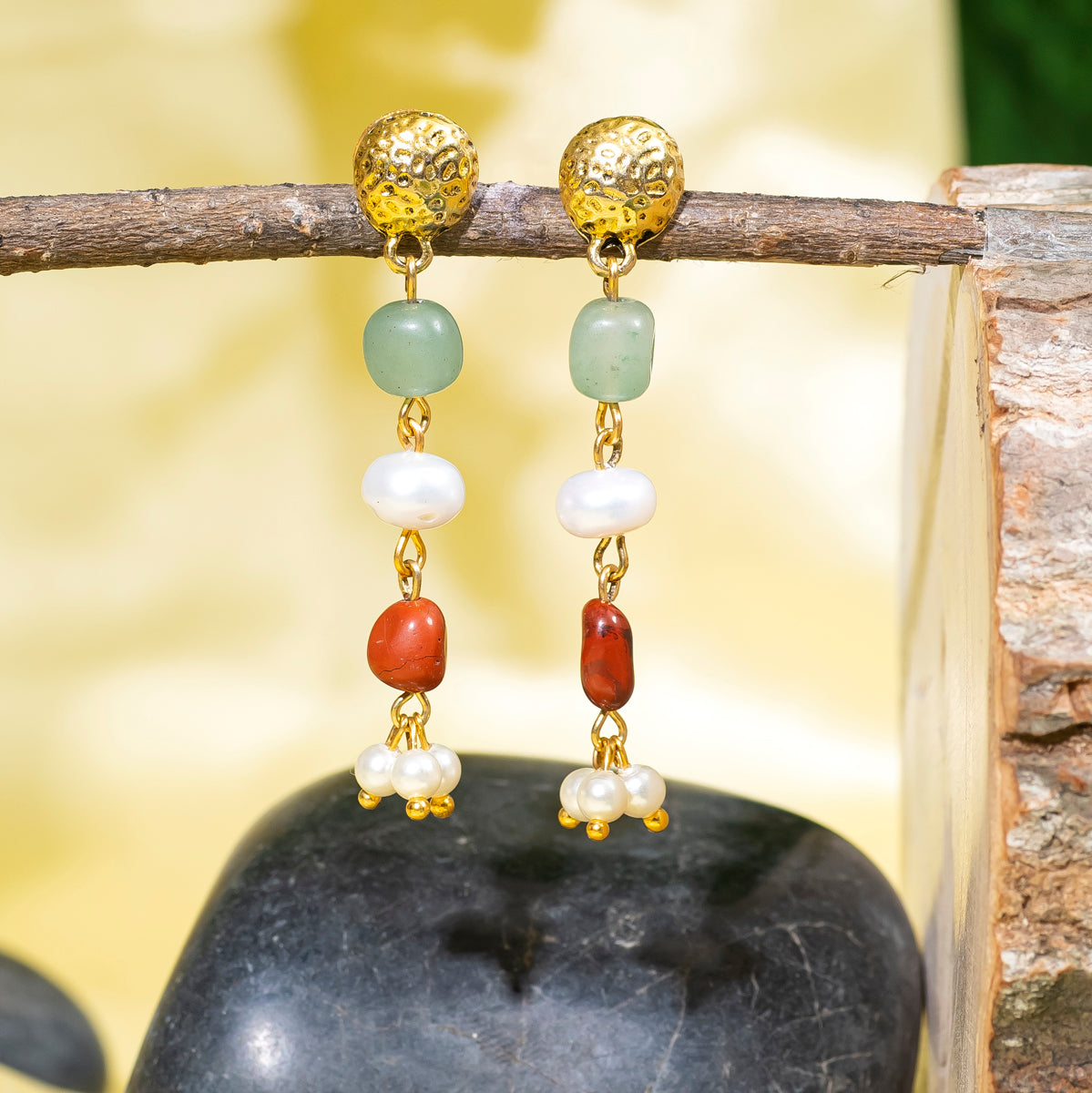 Eykaa Green Aventurine With Freshwater Pearl, Silver Strawberry Quartz, And Shell Pearl Earrings Hanging On The Tree Branch.