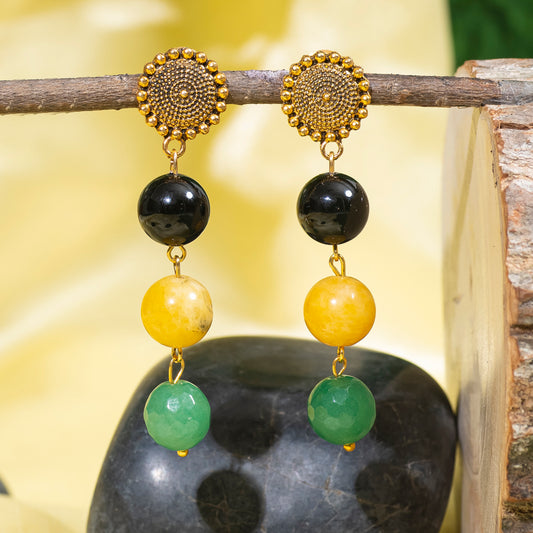 Eykaa Black Onyx, Red Jasper, Green Jade, Yellow Jade Korean Pearl Ball Earrings Hanging On The Tree Branch.