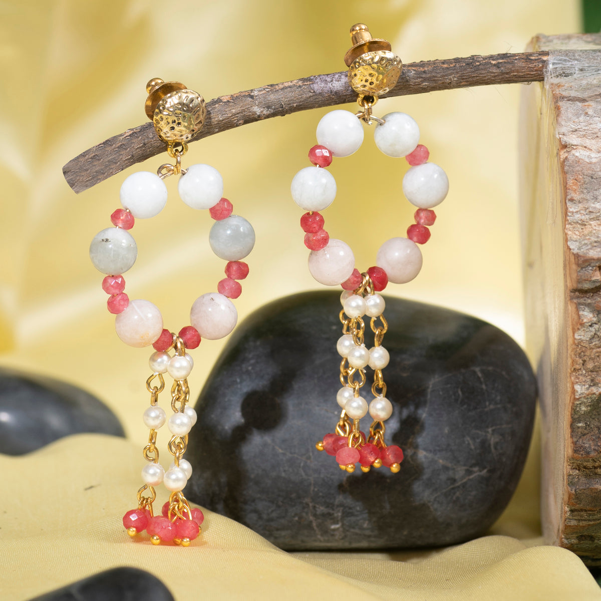 Eykaa Morganite With Jade And Shell Pearl Earrings Hanging On The Tree Branch.