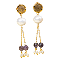 EYKAA AMETHYST AND KOREAN PEARL BALLS WITH SHELL PEARL EARRINGS