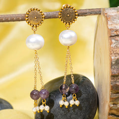 Eykaa Amethyst with Pearl Korean Balls and Shell Pearl Pendant Earrings Hanging on the Tree Branch.