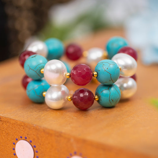 EYKAA FIROZA, MAROON JADE AND KOREAN PEARL BALL BRACELET