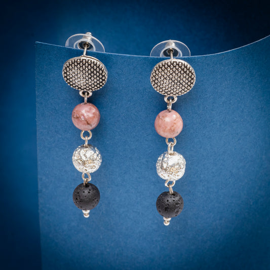 EYKAA RHODONITE, SILVER LAVA, AND LAVA EARRINGS