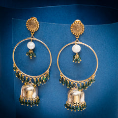 EYKAA GREEN FACETED JADE WITH FRESHWATER PEARL PENDANT WITH GOLDEN BEADS NECKLACE AND EARRINGS IN BALI PATTERN