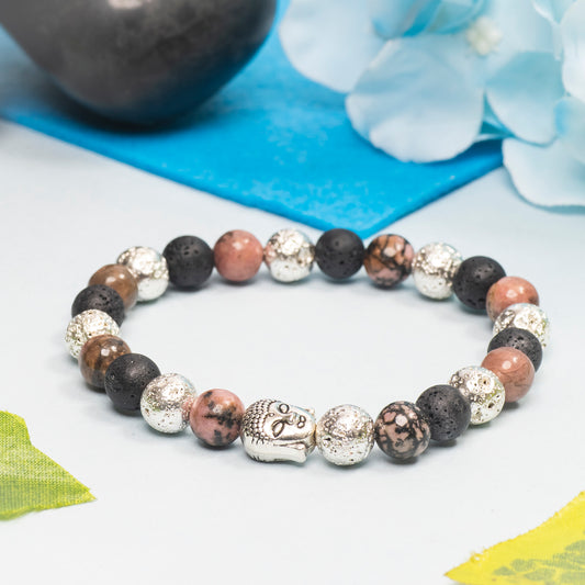 EYKAA RHODONITE, SILVER LAVA AND LAVA BRACELET