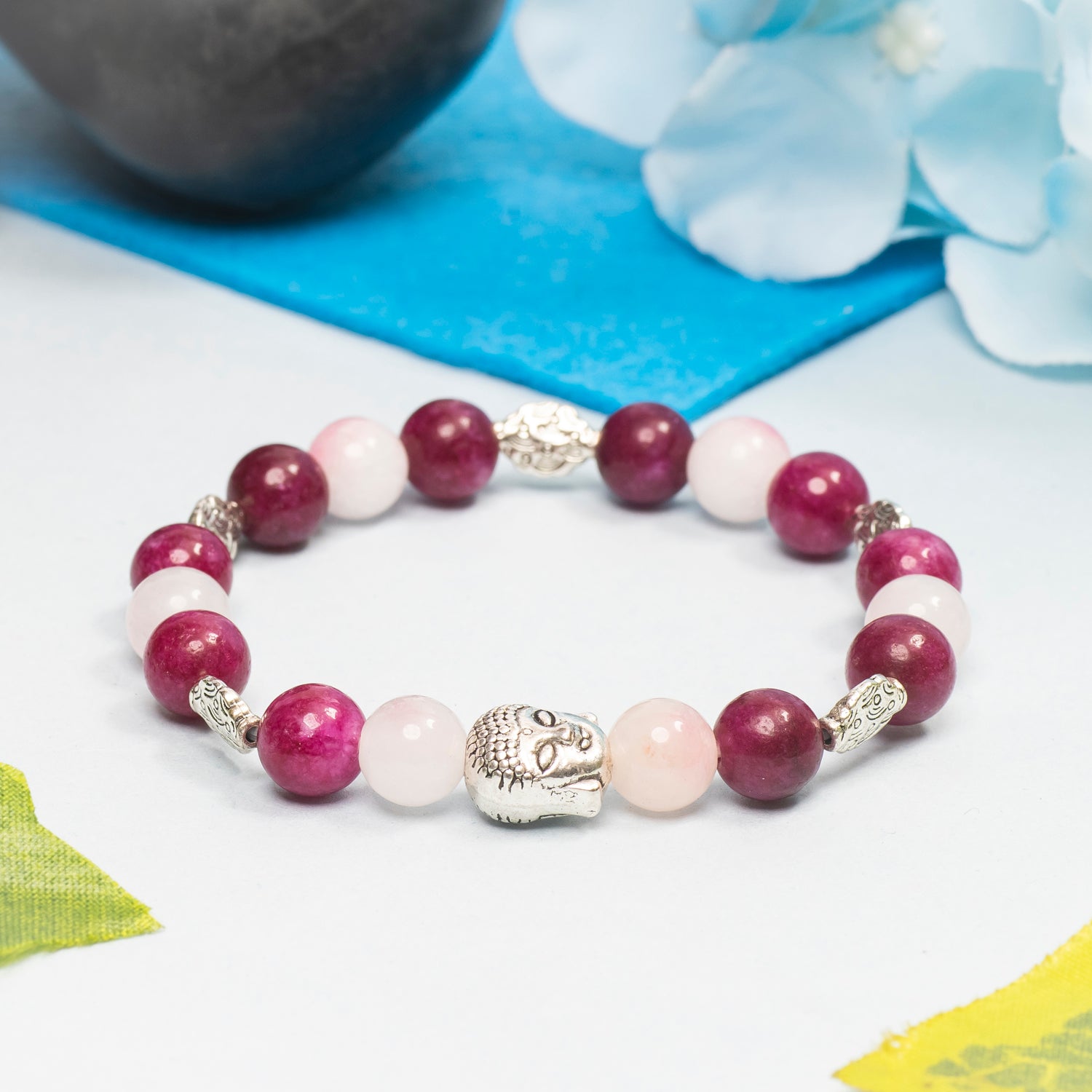 MAROON JADE WITH SLIVER CHARMS AND SLIVER PANDENT BRACELET