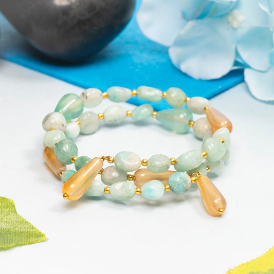 EYKAA AMAZONITE, ORANGE AVENTURINE, CARNELIAN AND SHELL PEARL BRACELET