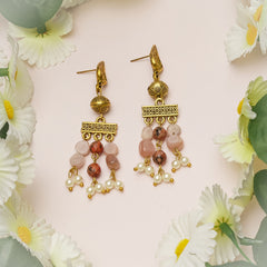 EYKAA PEACH MOONSTONE, CARNELIAN, DALMATIAN AND SHELL PEARL EARRINGS