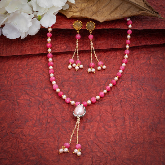 Eykaa Pink Jade With Shell Pearl Necklace With Earrings On A Textured Red Background With White Flowers.