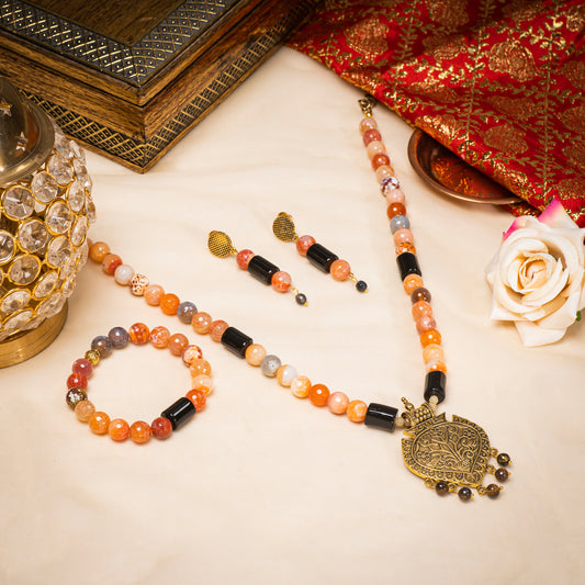 ORANGE AGATE AND BLACK ONYX NECKLACE WITH EARRINGS