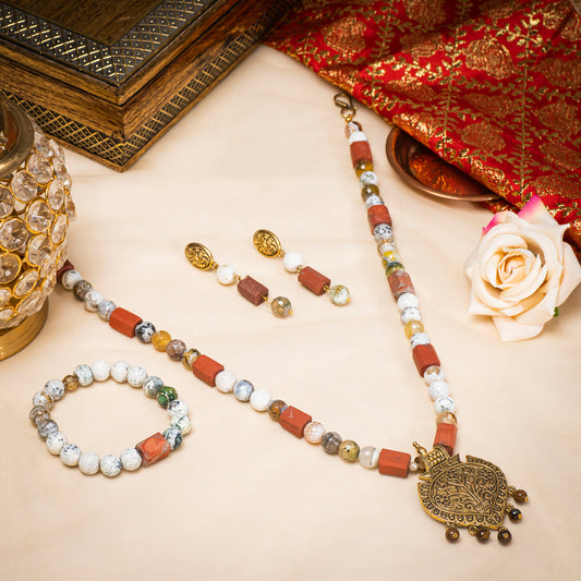 EYKAA AGATE AND RED JASPER NECKLACE WITH EARRINGS