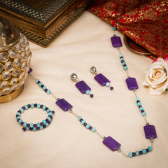 EYKAA PURPLE AGATE AND BLUE JADE NECKLACE WITH EARRINGS