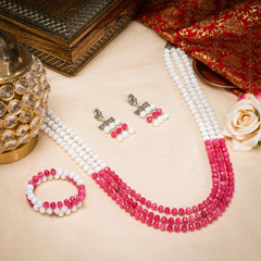 EYKAA PINK AND WHITE JADE NECKLACE WITH EARRINGS