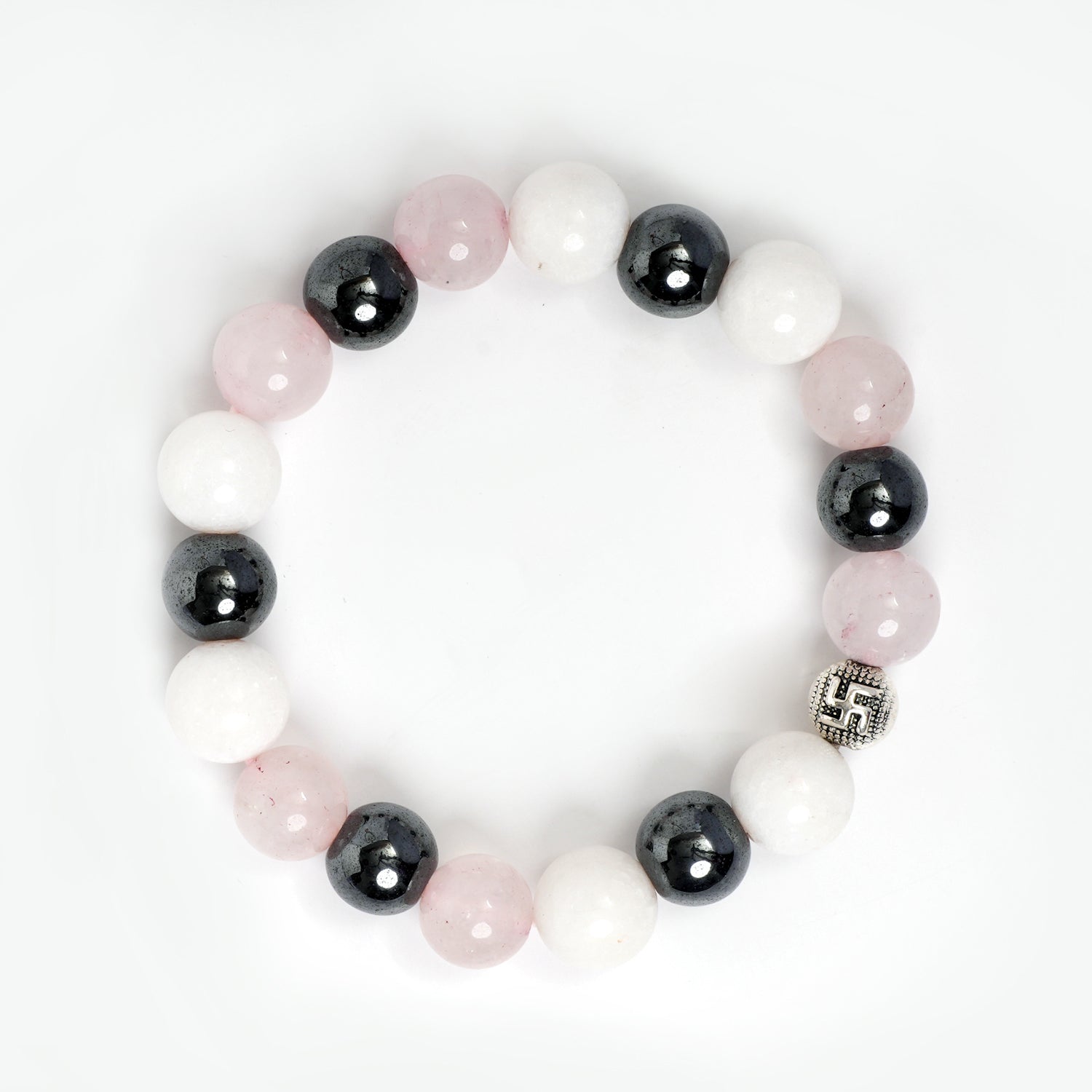 Eykaa Rose Quartz, Hematite And  Marble With Firoza Bracelet On A White Background.