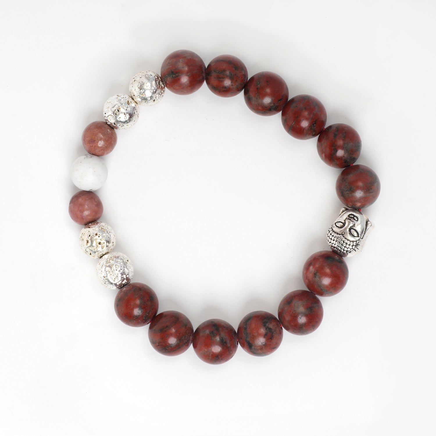   Eykaa Red Jasper And Silver Lava With White Howlite Bracelet On A White Background.