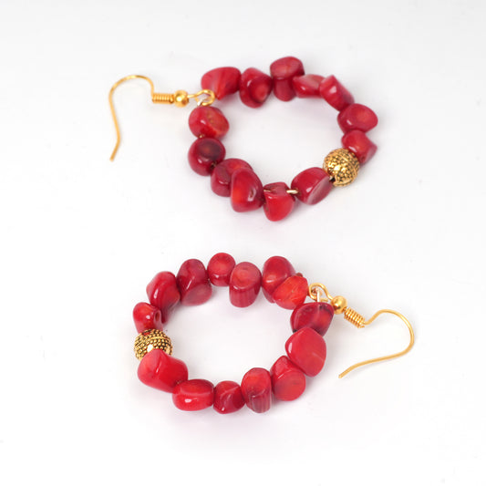 Eykaa White And Red Coral Necklace With Golden Beads Earrings On A White Background.