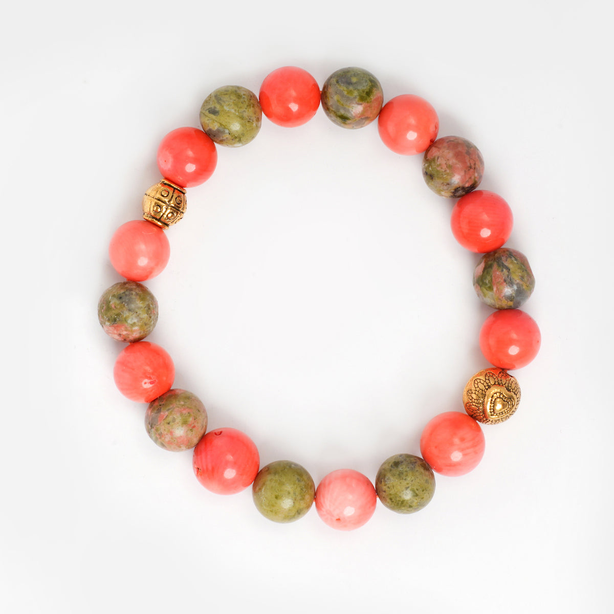   Eykaa Coral and Unakite with Golden Beads Bracelet On A White Background.