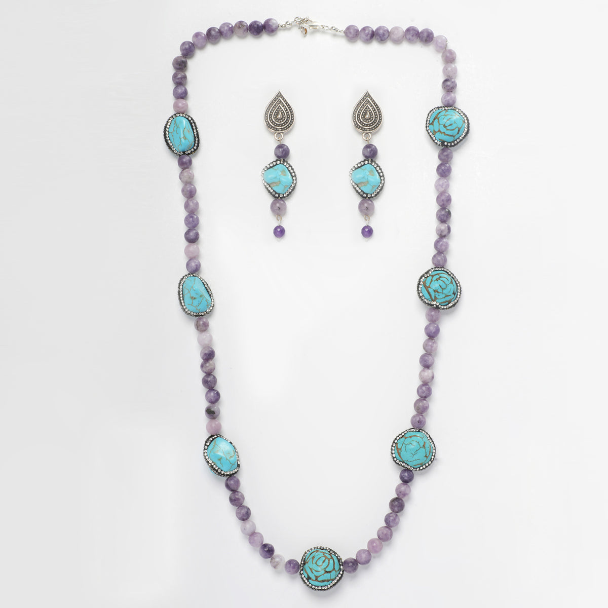 EYKAA LEPIDOLITE AND PHIROZA NECKLACES WITH EARRINGS