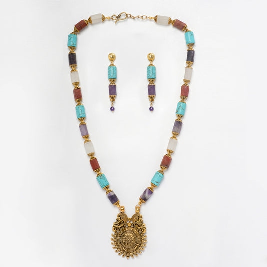 EYKAA AMETHYST, RED JASPER, OPAL AND FIROZA NECKLACE WITH EARRINGS