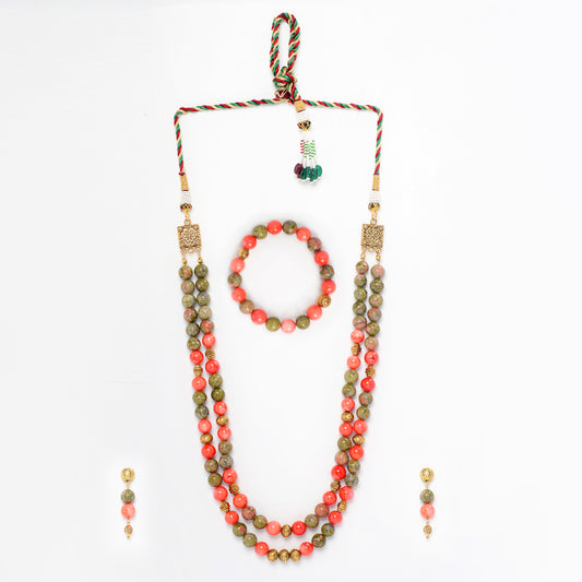 Eykaa Coral And Unakite With Golden Beads Necklace With Earrings And Bracelet On A White Background.