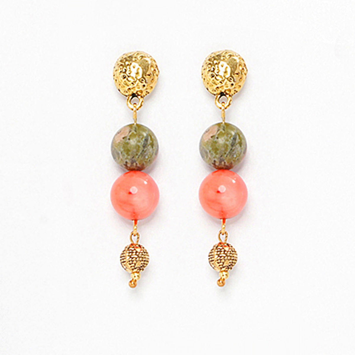 EYKAA CORAL, UNAKITE AND GOLDEN BEADS EARRINGS