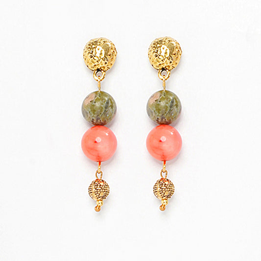 EYKAA CORAL, UNAKITE AND GOLDEN BEADS EARRINGS