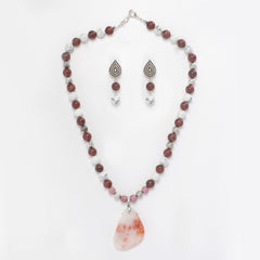 Eykaa Red Jasper, Silver Lava With White Howlite Necklace With Agate Pendant And Earrings On A White Background.