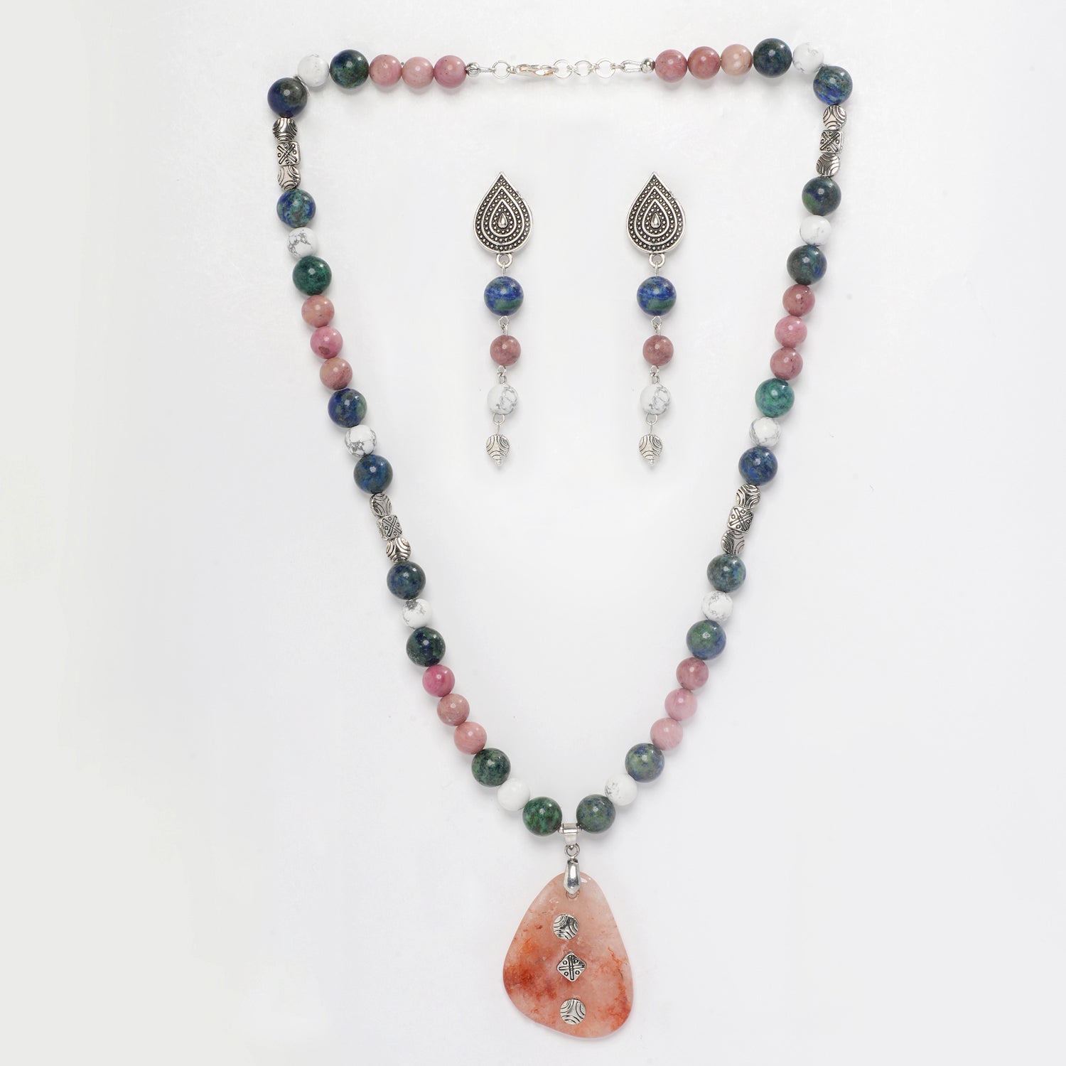  Eykaa Azurite, Pink Rhodonite, White Howlite Necklace With Agate Pendant And Earrings On A White Background.