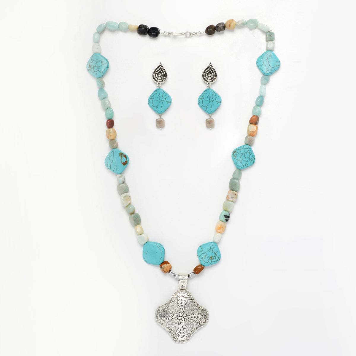 Eykaa Radiant Charm: Amazonite, Tumble Stones, & Firoza Necklace With Earrings Set