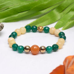 FACETED GREEN JADE YELLOW CALCITE ORANGE AVENTURINE AND GOLDEN HEMATITE BRACELET