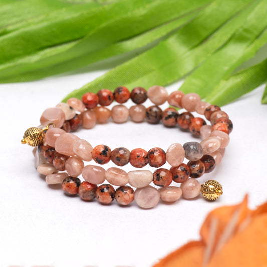 EYKAA PEACH MOONSTONE, CARNELIAN, DALMATIAN AND SHELL PEARL FREE SIZE BRACELET