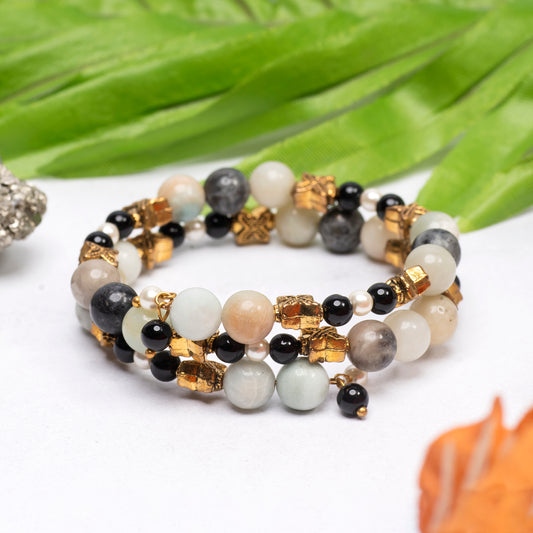 EYKAA AMAZONITE, BLACK ONYX AND SHELL PEARL FREE SIZE BRACELET