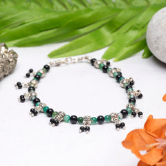 EYKAA GREEN JADE WITH BLACK ONIX AND MULTIPLE GERMAN SILVER SPACER BEADS ANKLET