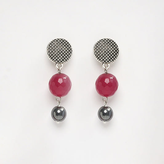 EYKAA REDISH PINK JADE AND BLACK HEMATITE EARRINGS