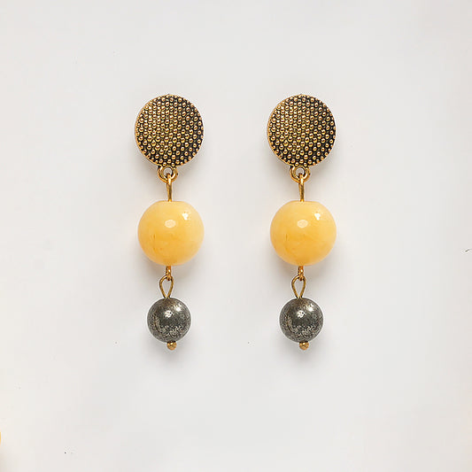 EYKAA YELLOW JADE WITH PYRITE COINS AND FACETED BLACK JADE EARRINGS