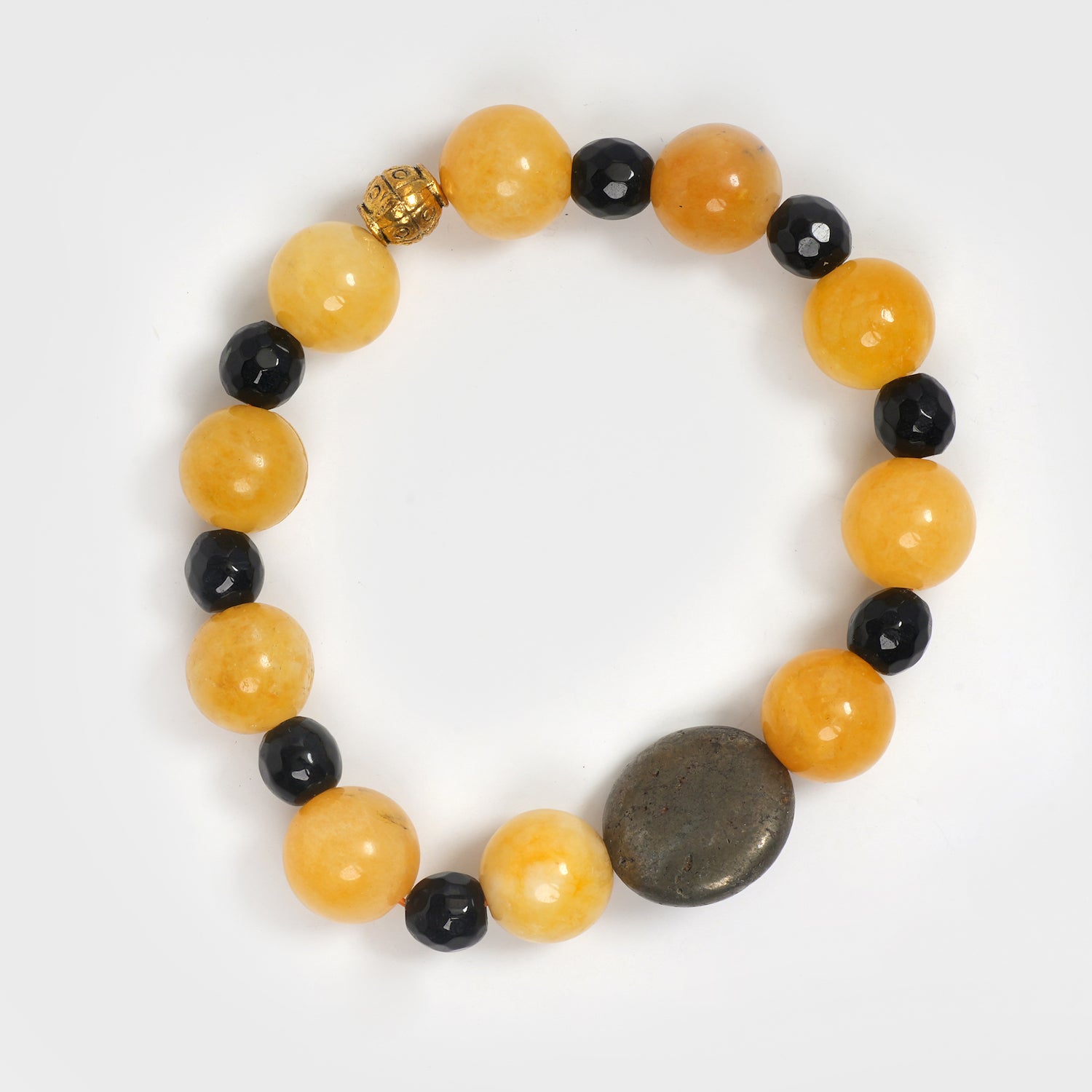 Eykaa YELLOW JADE WITH PYRITE COINS AND FACETED BLACK JADE BRACELET with white background