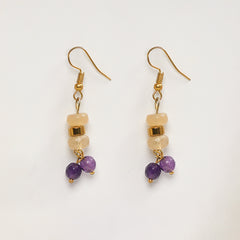 EYKAA YELLOW CALCEDONIA, PURPLE JADE AND GOLDEN HEMATITE EARRINGS